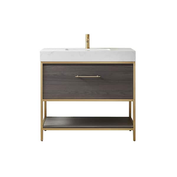 ROSWELL Palma 36 in. W x 22 in. D x 33.9 in. H Single Sink Bath Vanity in Suleiman Oak with White Composite Grain Stone Top