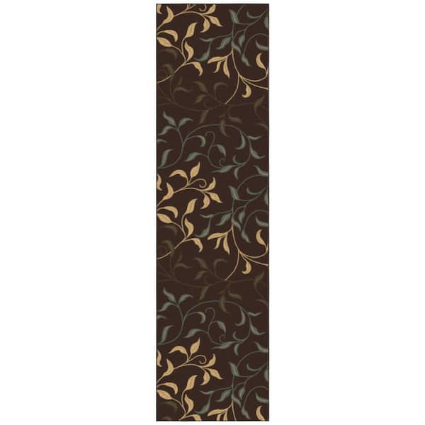 Ottomanson Ottohome Collection Non-Slip Rubberback Leaves Design 3x10 Indoor Runner Rug, 2 ft. 7 in. x 9 ft. 10 in., Dark Brown