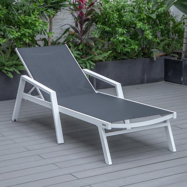 Leisuremod Marlin Outdoor Patio Chaise Lounge Chair with Arms in White Aluminum Reclining Backrest Mesh Sling Seat in Black