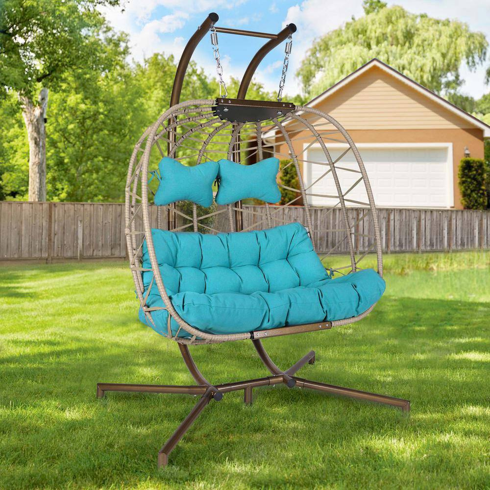 NICESOUL Beige Wicker Outdoor Double Hanging Swing Egg Chair With Stand
