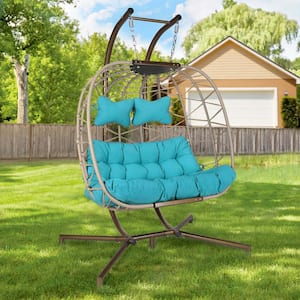 NICESOUL Extra Large Gray Wicker Double Seat Patio Swing Hanging Egg Chair with Black Stand and Turquoise Cushions