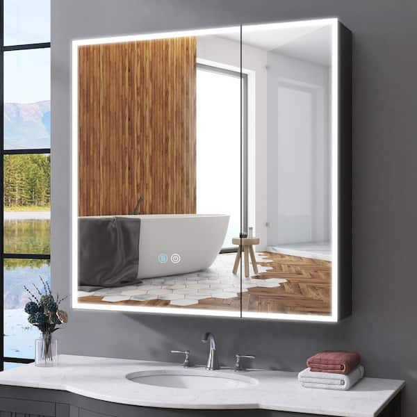 Getpro 30 in. W x 29.5 in. H Large Rectangular Black Aluminum Surface Mount LED Medicine Cabinet with Mirror and Anti-fog