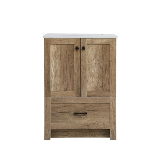 Unbranded Simply Living 24 in. Single Bathroom Vanity in Natural Oak with Quartz Vanity Top in Ivory White