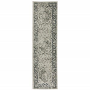 Grey Blue and Teal 2 ft. x 8 ft. Oriental Power Loom Stain Resistant Runner Rug