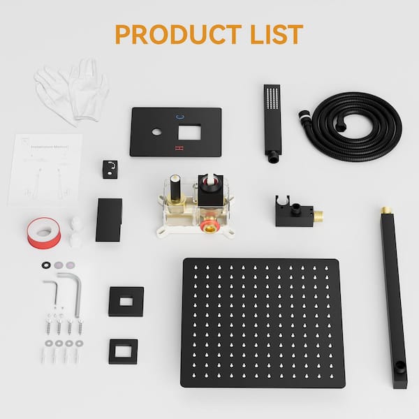 BWE - Rainfall 2-Handle 2-Spray 12 in. Square High Pressure Shower Faucet in Matte Black (Valve Included)