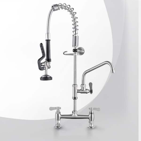 28.5 in Commercial Pull Down Sprayer Kitchen Faucet with Pre-Rinse Sprayer and 360° Spout Swivel in Brushed Nickel