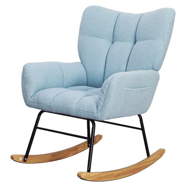 Runesay 27.1 in. W Black Metal Outdoor Rocking Chair with Sky Blue Cushions