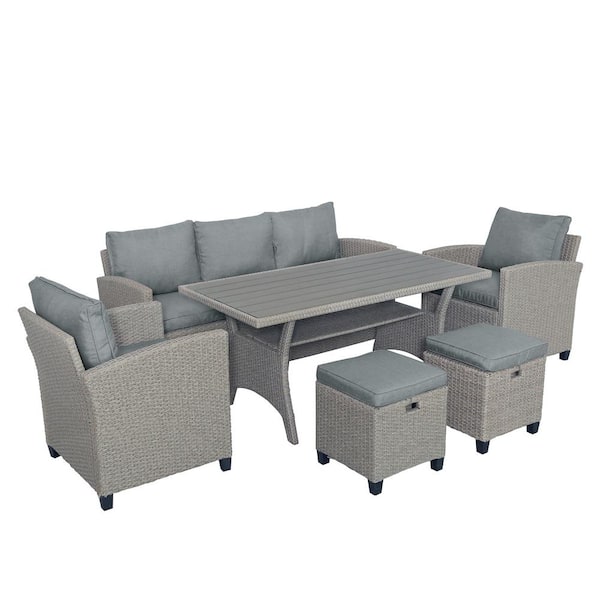 Sireck 6-Piece Wicker Outdoor Sectional Set Sofa Gray with Gray Cushions