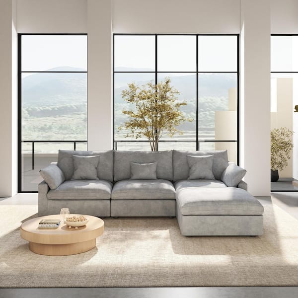 Magic Home 119 in. Square Arm Linen Oversized 4-Piece L-Shaped