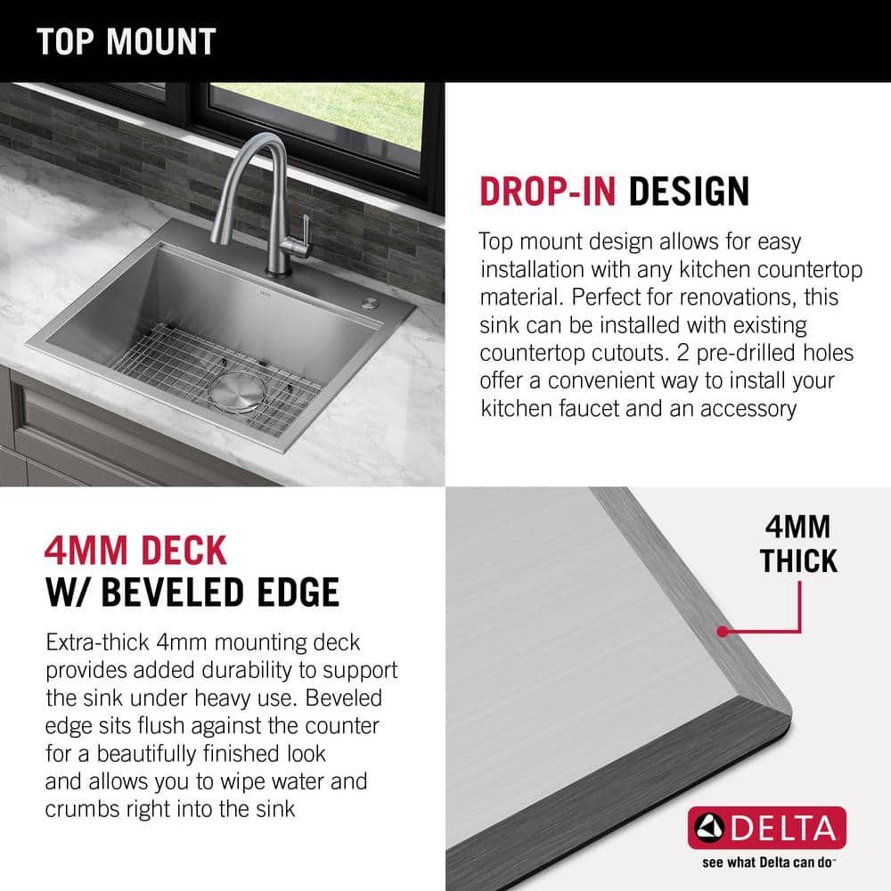 Delta Rivet 25-Inch Stainless Steel Single Bowl Workstation Kitchen Sink