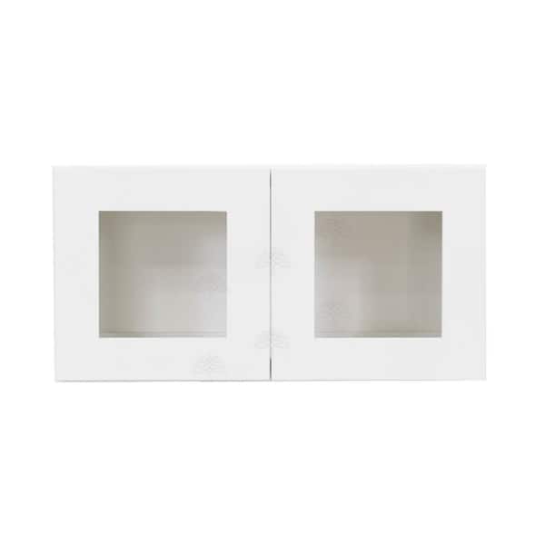 Lancaster White Plywood Shaker Stock Assembled Wall Glass Door Kitchen Cabinet 24 in. W x 12 in. H x 12 in. D