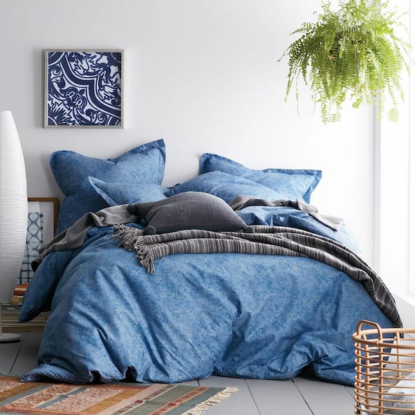 Cstudio Home by The Company Store Vintage Wash 3-Piece Blue Solid Organic Cotton Percale Queen Duvet Cover Set
