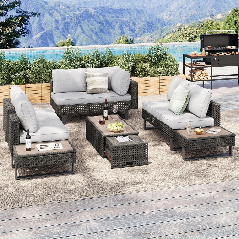 4-Pieces Metal Patio Conversation Set, Sectional Furniture with Extendable Coffee Table, Ice Bucket and Grey Cushions