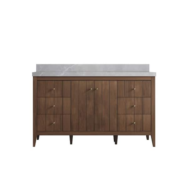 Willow Collections Atlanta Teak 60 in. W x 22 in. D x 36 in. H Single Sink Bath Vanity in Dark Natural with 2 in. Pearl Gray qt. Top