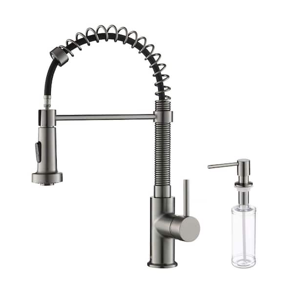 KIBI 17 in. H Single Hole 1.8 GPM Pull Down Sprayer Kitchen Faucet with 360° Spout Swivel, Soap Dispenser in Titanium