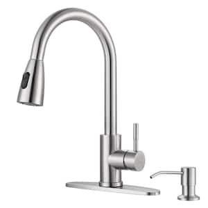 Single Handle Pull-Down Sprayer Kitchen Faucet with Side Soap Dispenser in Brushed Nickel