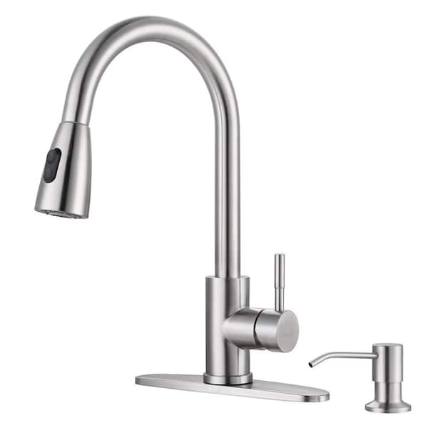 WOWOW Single Handle Pull-Down Sprayer Kitchen Faucet with Side Soap Dispenser in Brushed Nickel