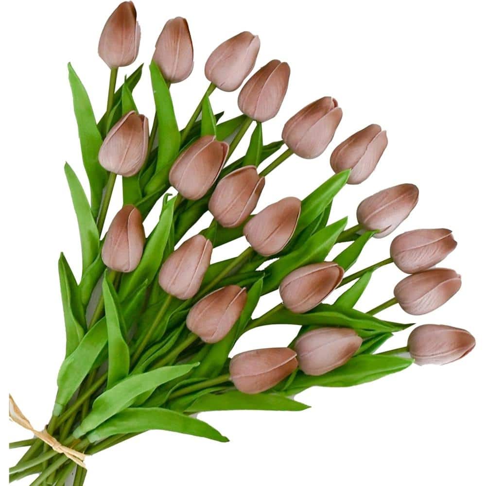 Artificial Brown Tulips 20 Pcs – 13.5 Inch PU Faux Flowers with
