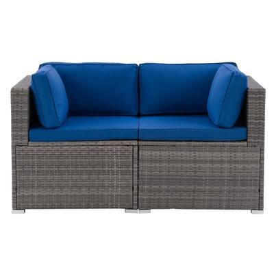 Parksville Blended Gray 2-Piece Rattan Patio Conversation Sectional Seating Set with Oxford Blue Cushions