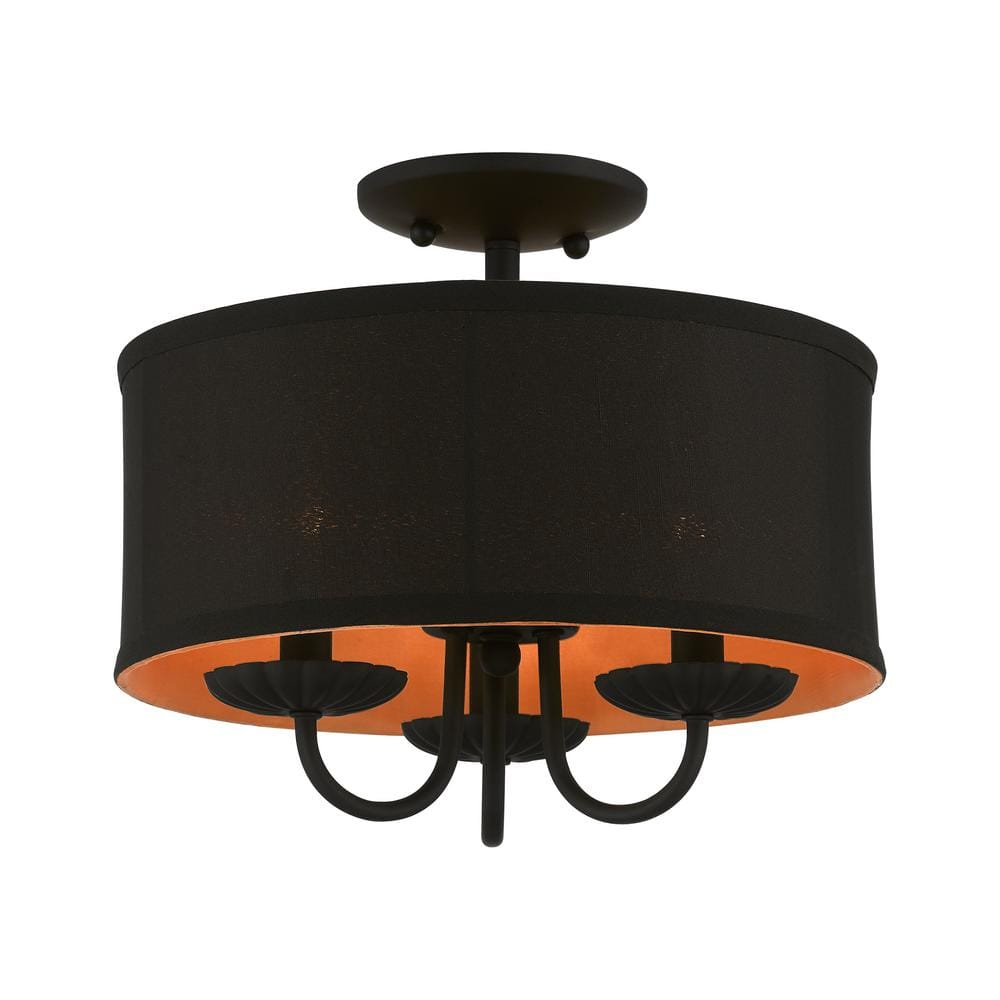 Transitional Black Glass Drum Semi-Flush Mount with Silky Orange Accent