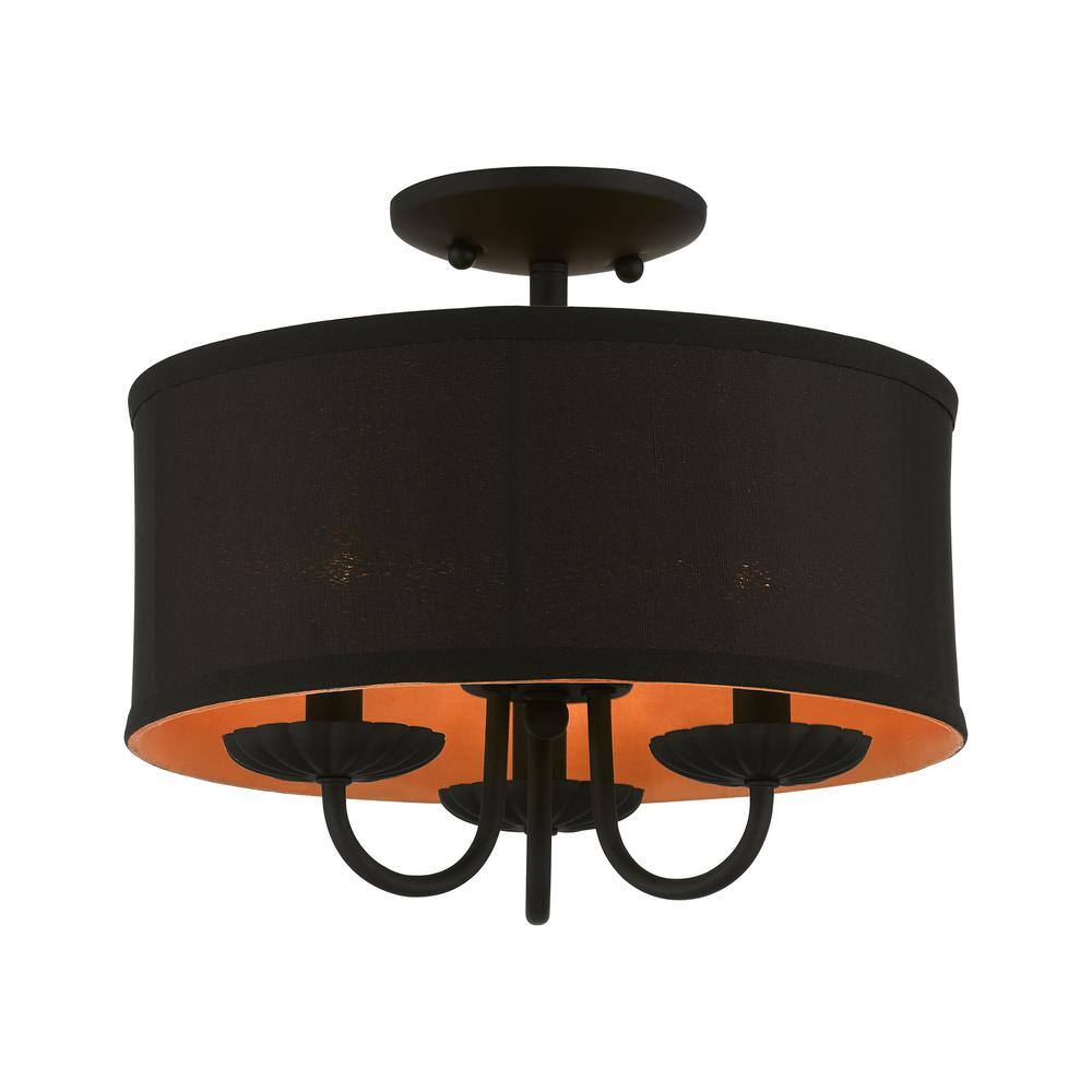 Transitional Black Glass Drum Semi-Flush Mount with Silky Orange Accent