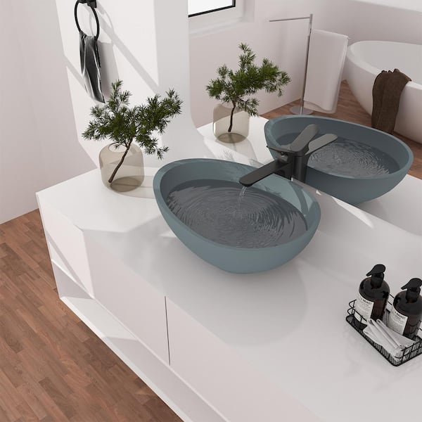 21 in . Concrete Egg-Shaped Vessel Bathroom Sink in Blue Ashes with Matching Drain