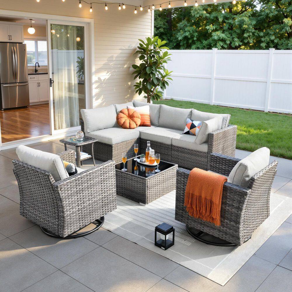 Messi Gray 8-Piece Wicker Outdoor Patio Conversation Sofa Set with Swivel Chairs and Light Gray Cushions price history on PriceWatchPro