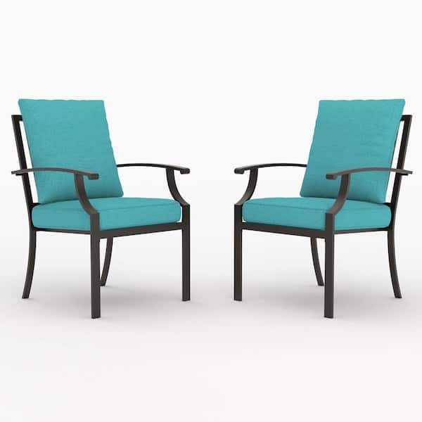 Brown Patio Metal Outdoor Dining/Side/Restaurant Chairs with Modern, Curved Armrests and Blue Cushions (2-Pack)