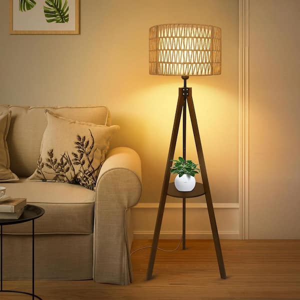 59 in. Brown Modern 1-Light LED Energy Efficient Arc Standard Floor Lamp Rattan Shade with ON/Off Foot Switch