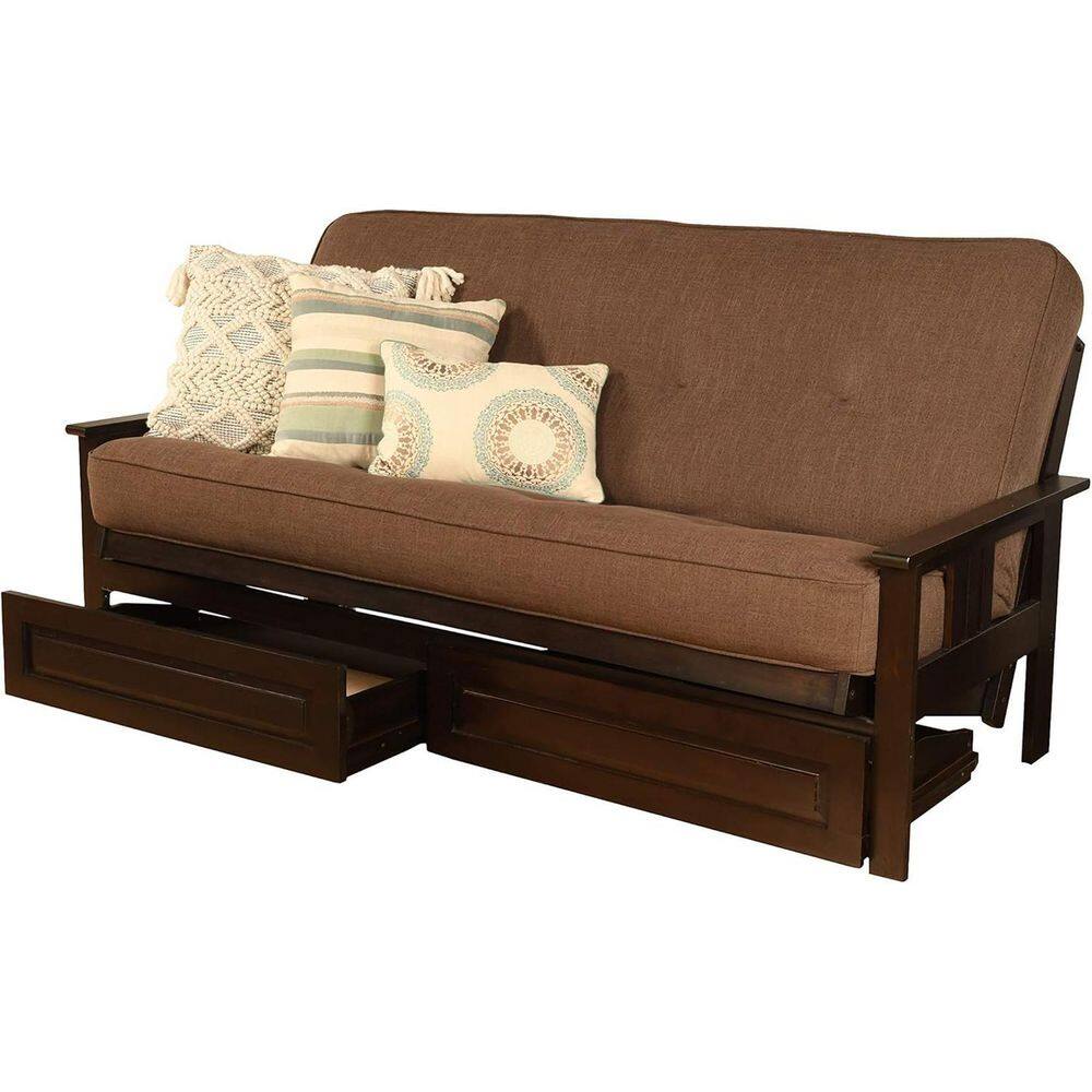 79 in. Espresso/Linen Cocoa Linen Upholstered Full Size Futon Set with Mattress and Storage Drawers