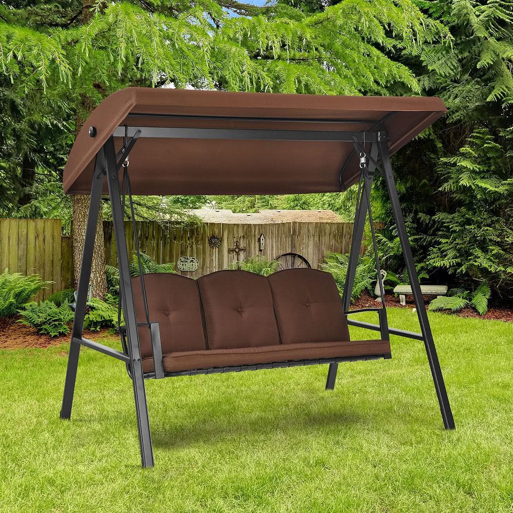 Brown Steel 3-Person Outdoor Swing with Adjustable Canopy