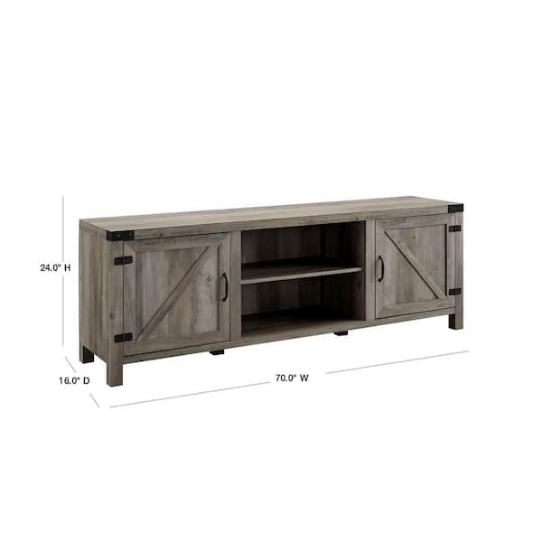 70 in. Modern Farmhouse Gray Wash Wood TV Stand with 2 Barn Doors (Max TV Size 80 in.)