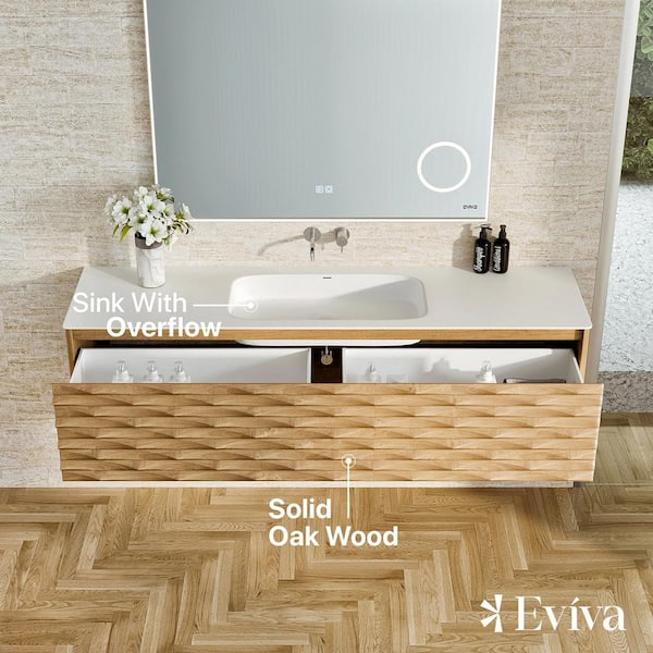 Eviva Oahu 55 inch Wall Mount Oak Vanity with Solid Surface Integrated Sink, Brown