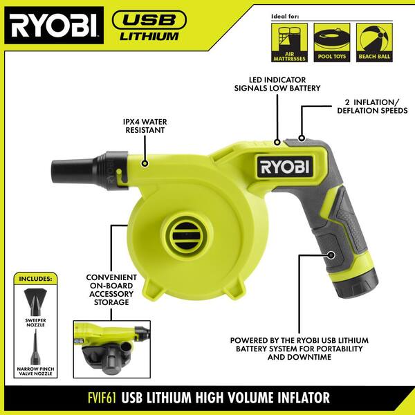 RYOBI USB Lithium Cordless High Volume Inflator Kit with USB Lithium 2.0 Ah Battery and Charging Cable