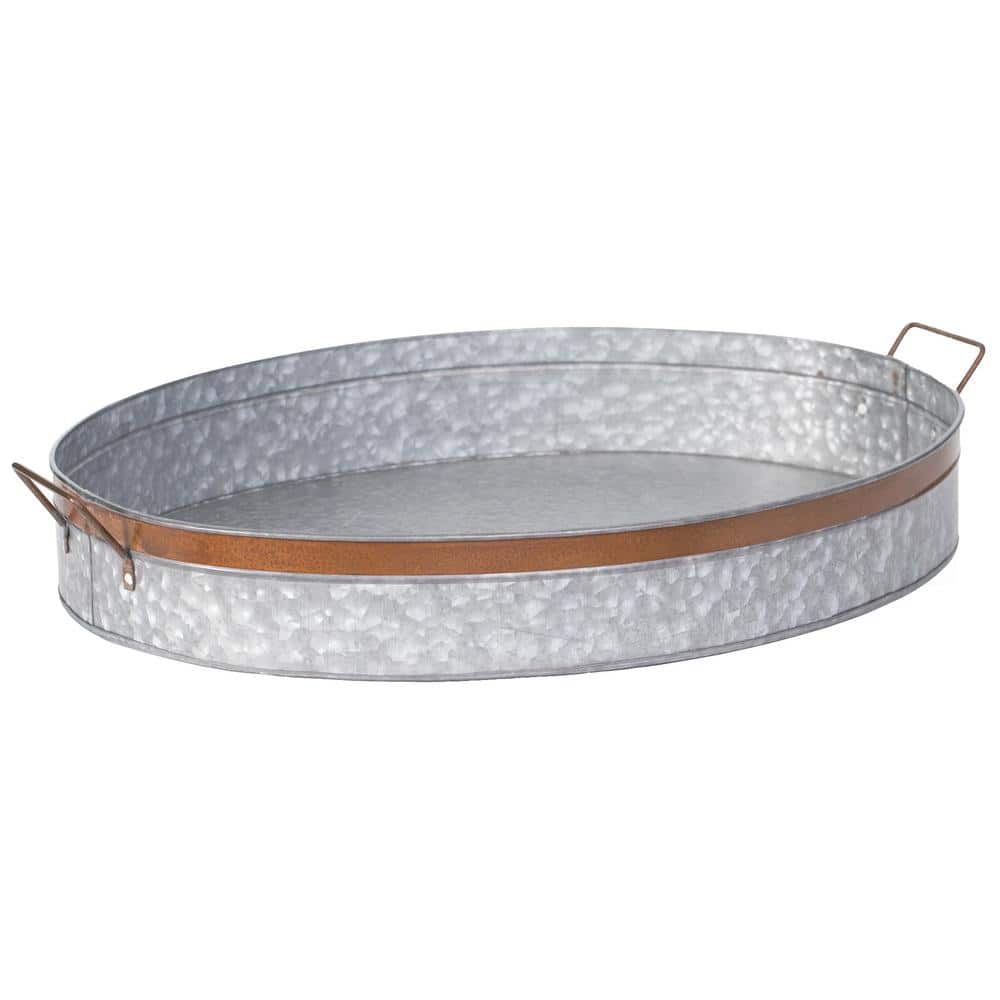 Large Gray Galvanized Metal Oval Rustic Serving Tray with Handles