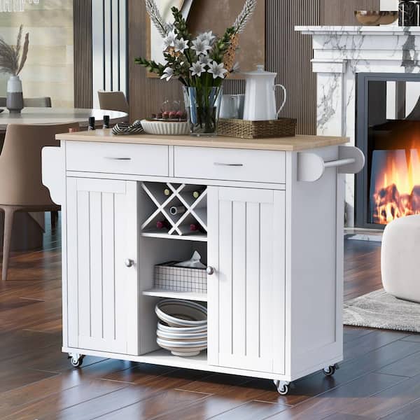 FAMYYT White Wood Desktop 48 in. Kitchen Island with Wine Rack and Four Locking Wheels