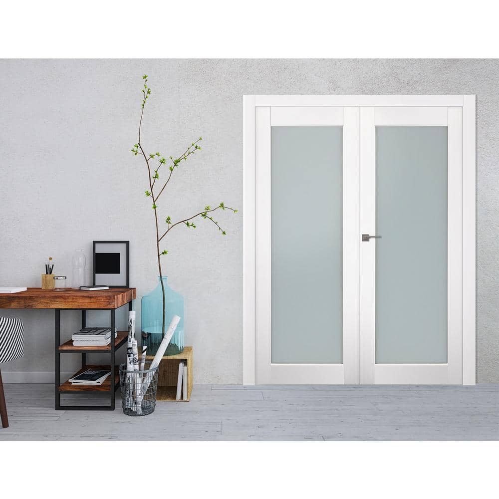 Smart Pro 64" White Frosted Glass Composite Prehung French Door