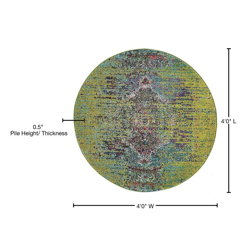 Vibrant Round 4' Synthetic Easy-Care Yellow & Green Rug