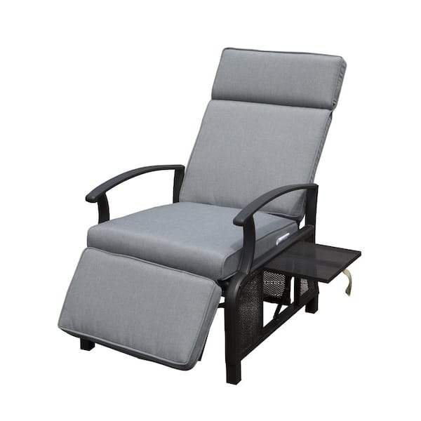 Metal Outdoor Recliner with Grey Cushion and Flip Table