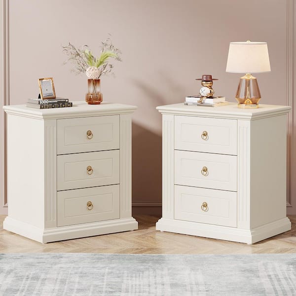 BYBLIGHT Kerlin Beige Rectangle (Set of 2) Simple Wood End Side Table 3-Drawers Bedside Industrial Home Office Nightstand 2-Piece