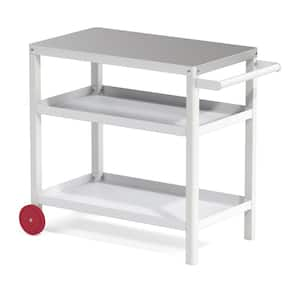 White Outdoor Grill Cart Movable Food Prep Table with Stainless Steel Tabletop and Wheels Kitchen Island for Bar Patio