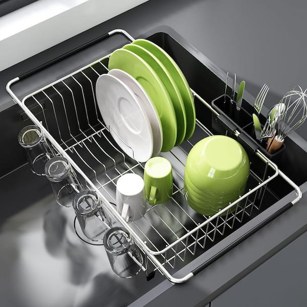 Expandable Stainless Steel Dish Drainers with Utensil Holder, Dish Dryer Rack for Inside Sink, Silver