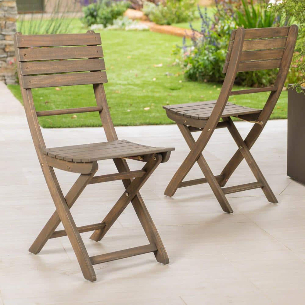 Gray Acacia Wood Outdoor Folding Dining Chairs, Set of 2