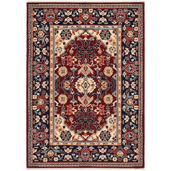 Lillian Red/Blue 10 ft. x 13 ft. Bohemian Traditional Oriental Wool/Nylon Blend Fringed-Edge Indoor Area Rug