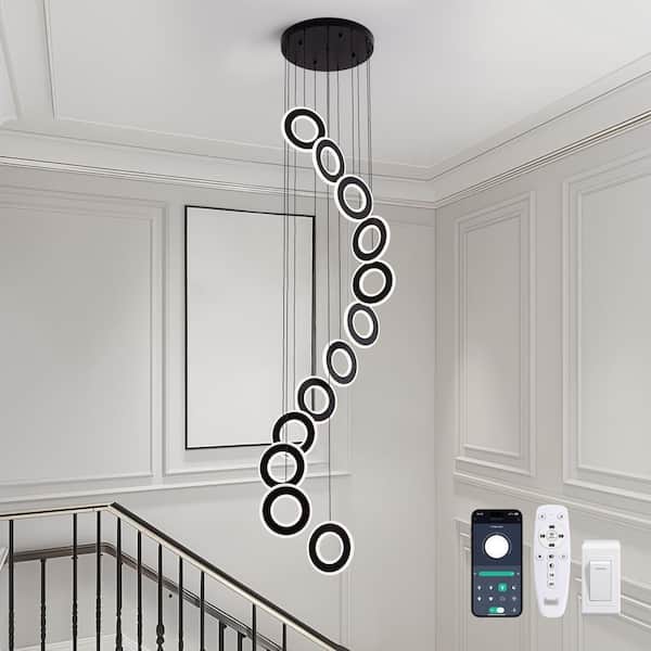 RICHARDERY Modern 12-Light Dimmable Integrated LED Black Round Chandelier Large High Ceiling Ring Chandelier for Staircase Foyer