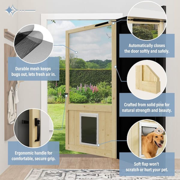 32 in. x 80 in. Universal Unfinished Pine Screen Door with Dog Door, Lock and Door Closer-Gauze Mesh Hinged Rustic Style