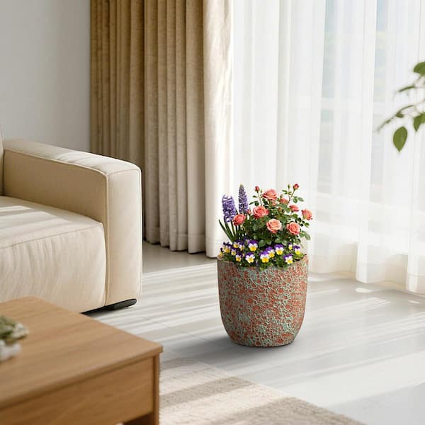 14 in. Medium Teal（Upgraded Interior） Concrete Round Planter / Pot with Drainage Holes for Indoor and Outdoor