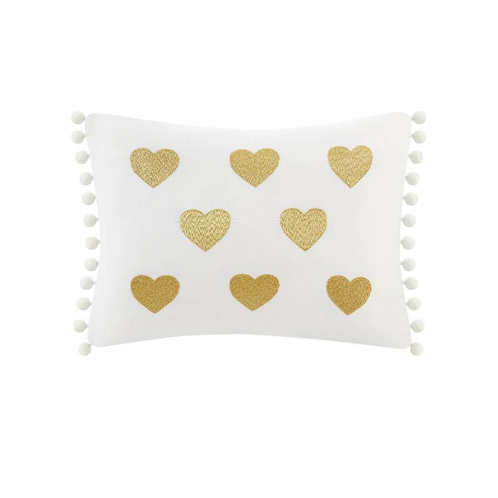 White and Gold Twin Microfiber Plush Comforter Set with Heart Print