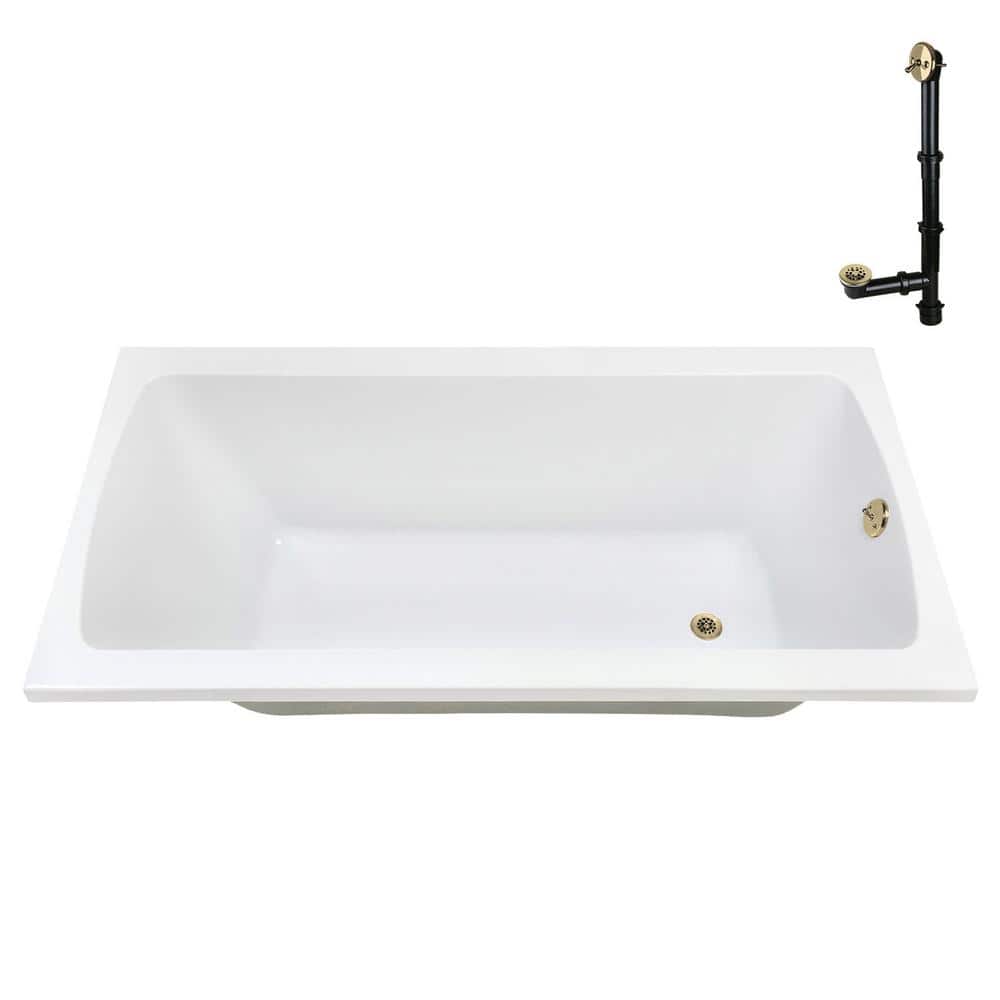 66" x 34" Glossy White Acrylic Soaking Drop-In Bathtub with Polished Brass Drain