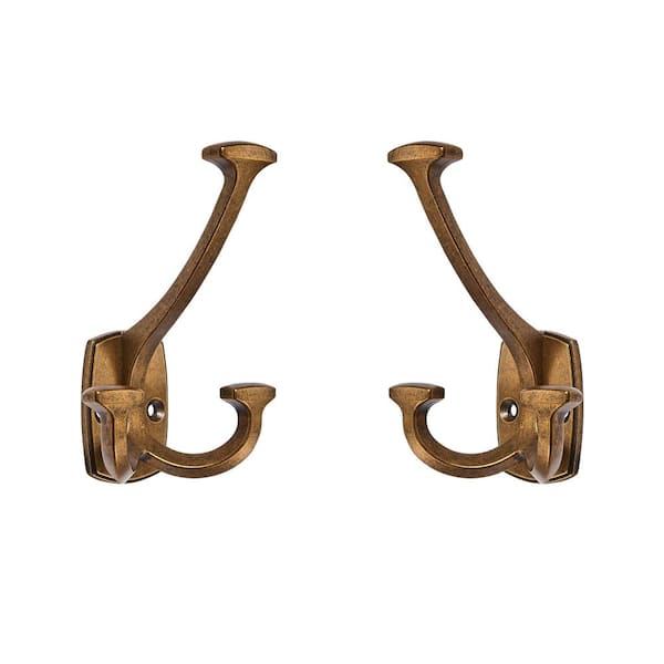 Large Double-Sided Wall Hook in Antique Brass Finish Heavy Duty Zinc Alloy 2-Pack with Triple Prongs